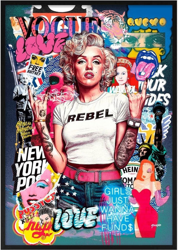 Artistic collage of Marilyn Monroe with "REBEL" shirt, vibrant graffiti, pop art elements, and bold colors in the background.