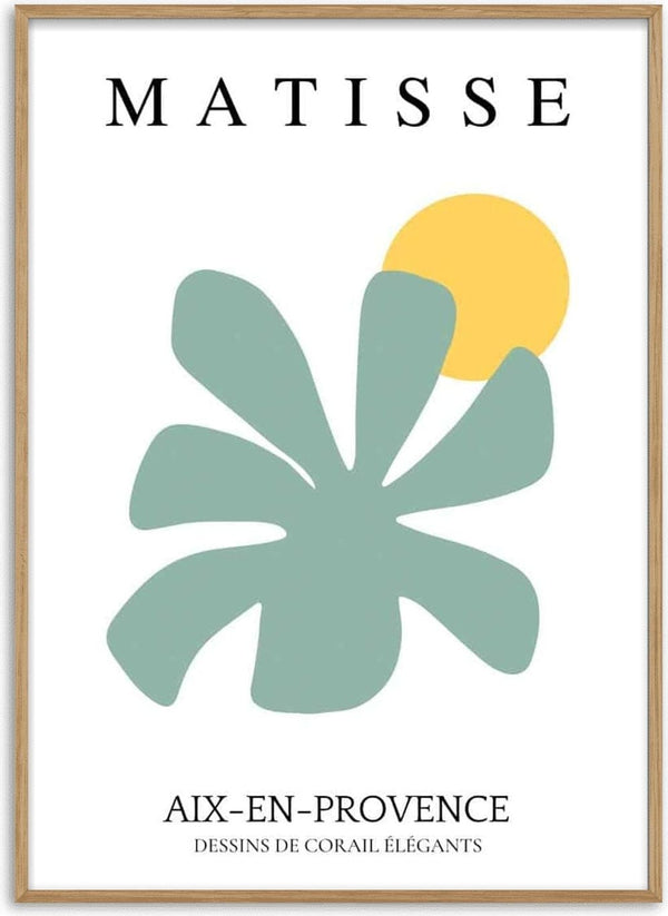 Abstract green flower with a yellow circle on white background, Matisse style wall art plakat design.