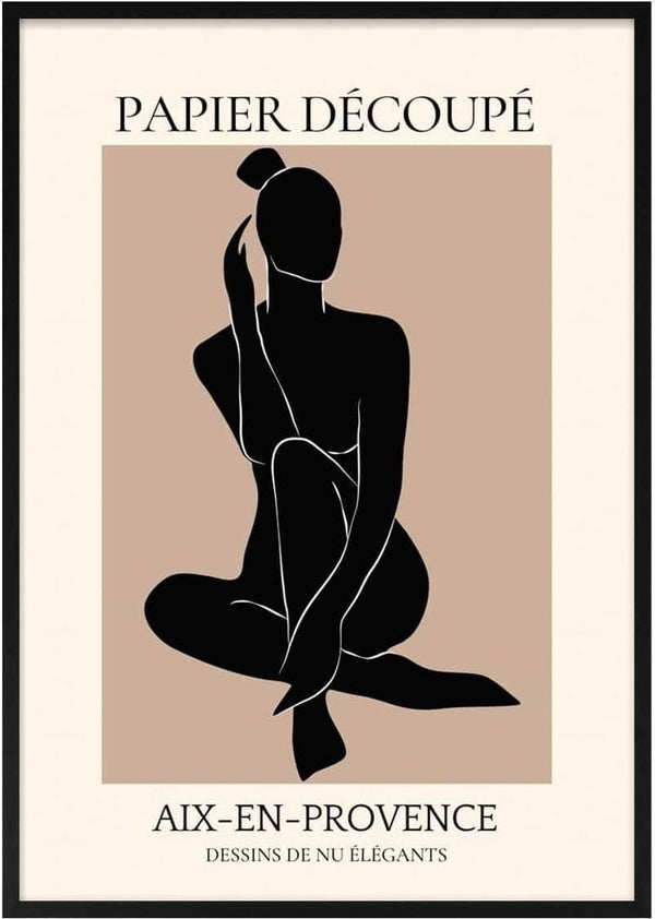 Minimalist French art poster of a nude female silhouette in black, sitting against a beige background.