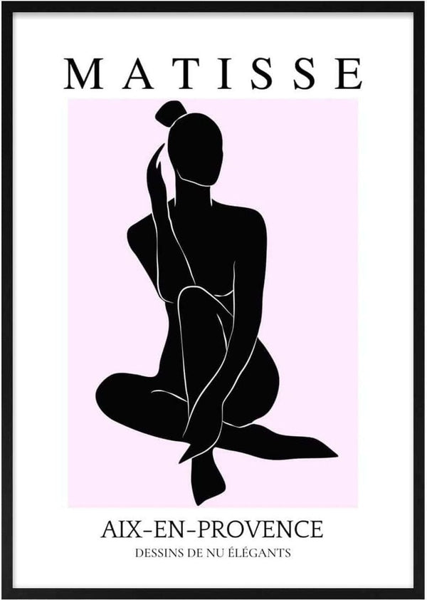 Minimalist pink and black art print of a seated woman inspired by Matisse, with text "Aix-en-Provence."