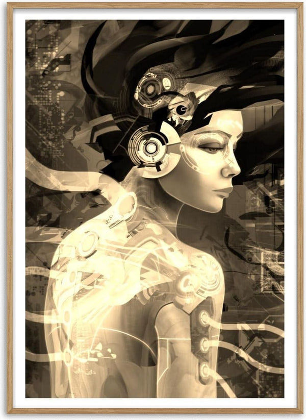 Digital artwork of a futuristic woman with mechanical elements, featured as the Modern Woman Plakat.
