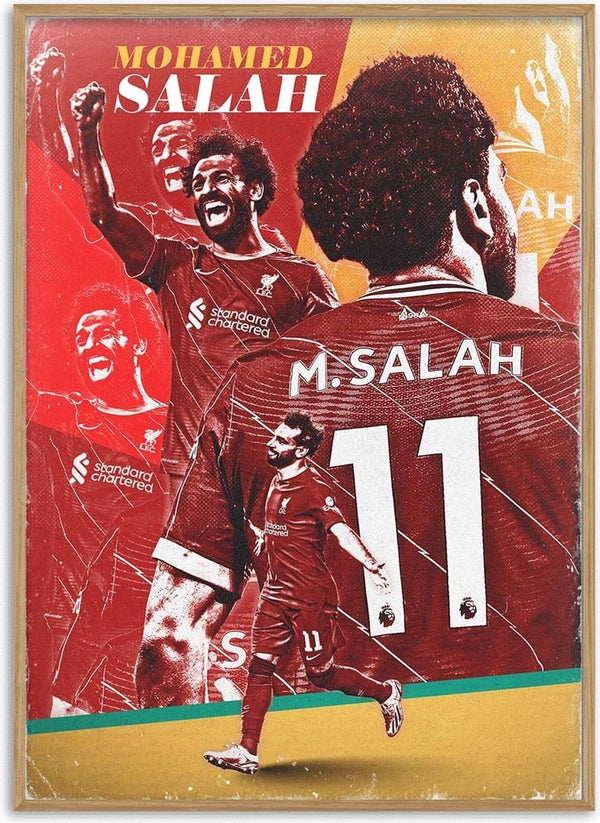 Poster featuring Mohamed Salah in Liverpool kit with dynamic action poses and bold "MOHAMED SALAH" text.