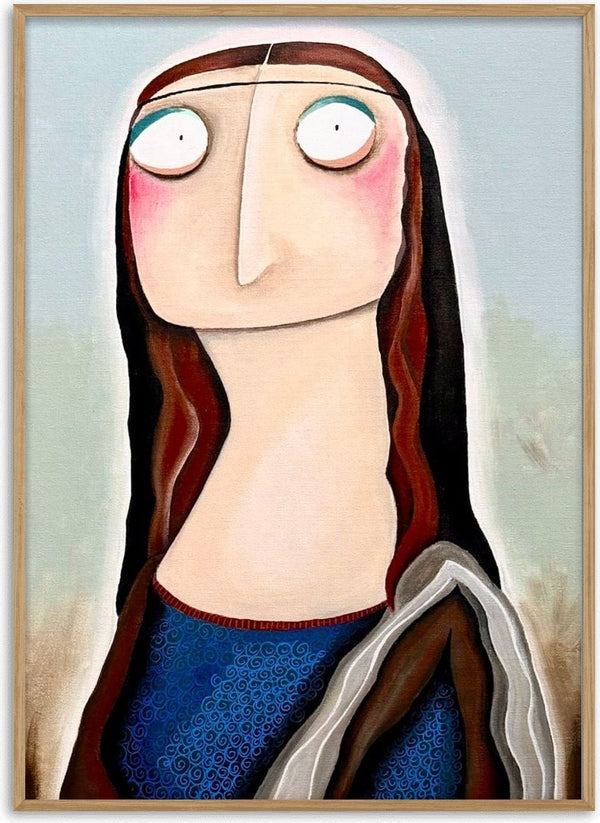 Mona Lisa by lacaluna - a long-nosed figure in a blue patterned dress against a pale landscape