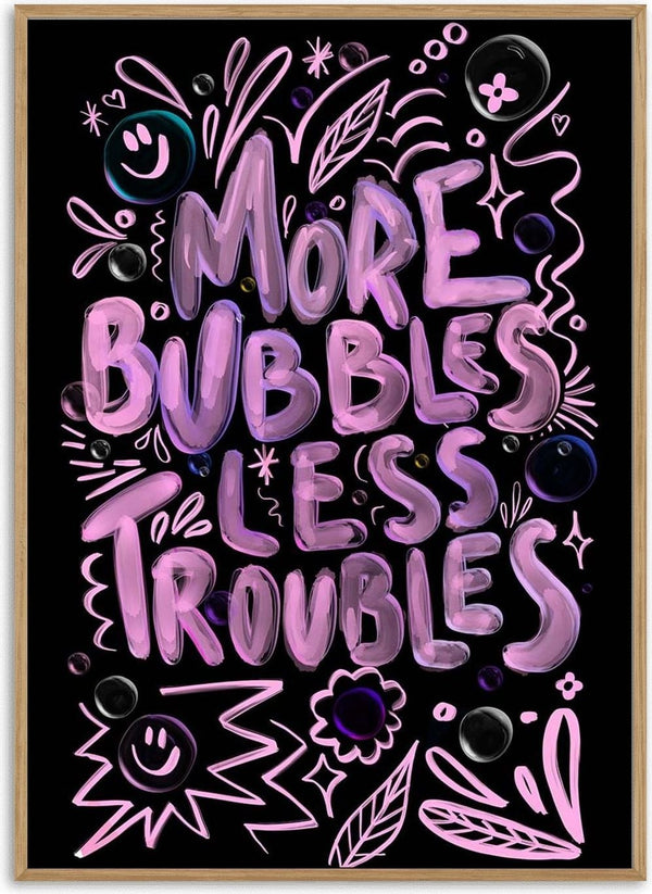 Purple bubbly "More Bubbles Less Troubles" graphic with playful doodles, for Baroo Bloom product page.