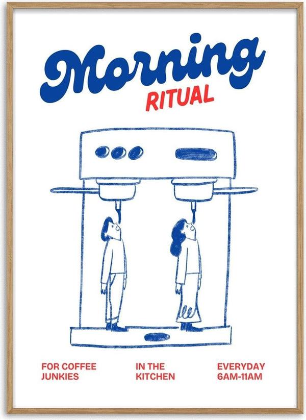 Illustration of two people standing under a coffee machine, titled "Morning Ritual" for coffee lovers.