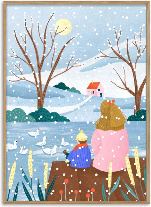 Illustration of a mother and child by a snowy lake watching ducks, with a cottage in the background.