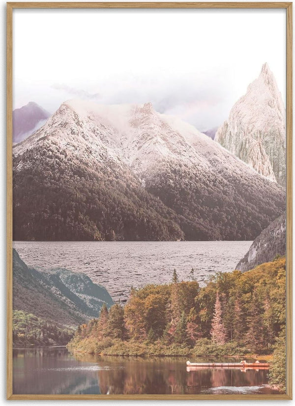Poster featuring a serene mountain lake scene with tall peaks and dense forest reflected in the water.