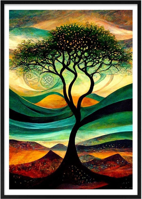 Abstract landscape with a tree and colorful hills, art by Thomas Nordentoft from Mountain View collection.