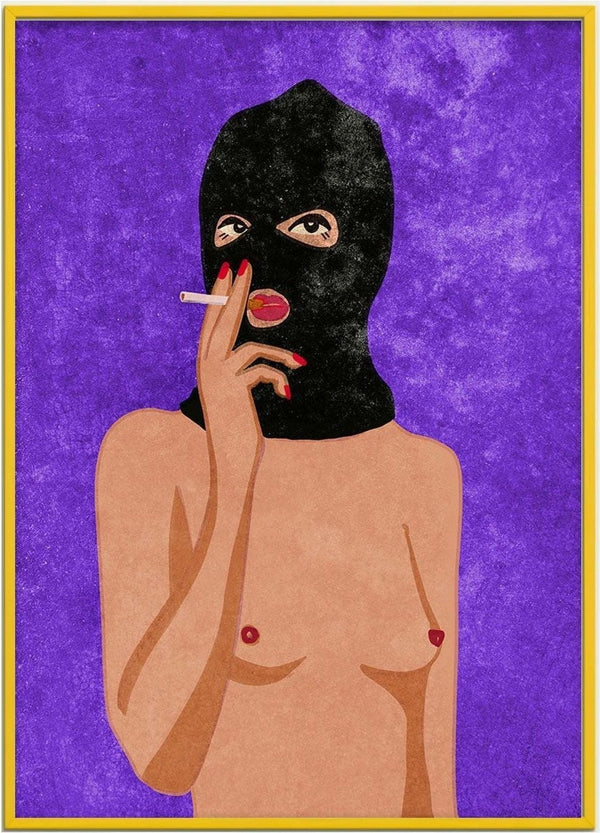 Illustration of a topless figure in a black mask smoking, on the cover of "My Body is not a Crime" by Raissa Oltmanns.