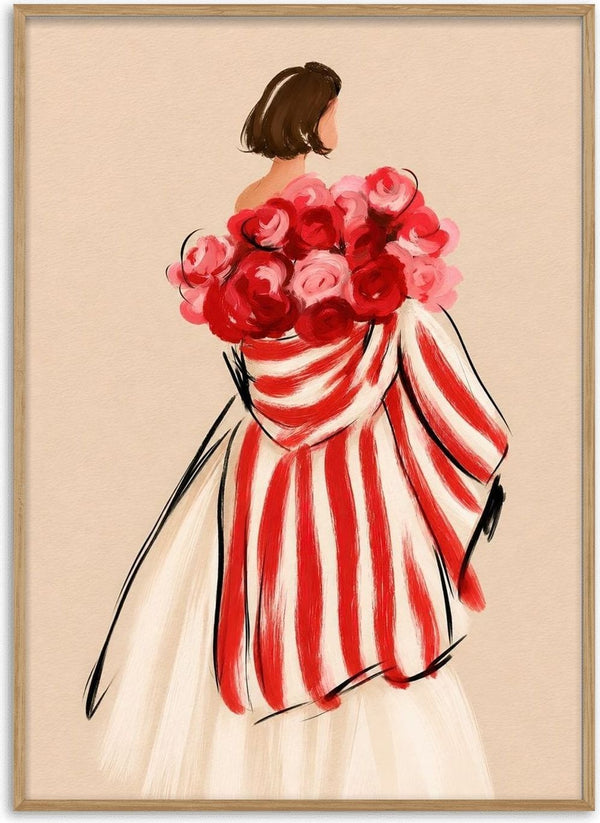 My Flowers by Martina Karlsson - a woman seen from behind in a red-striped shawl with red and pink roses