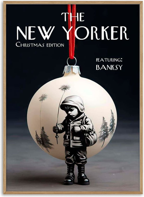 Christmas ornament with a Banksy-style figure, promoting The New Yorker Christmas edition featuring Banksy.