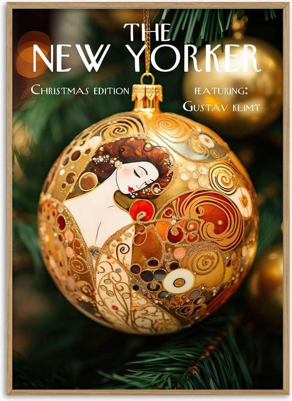 Gold Christmas ornament with Gustav Klimt-inspired art, on New Yorker magazine's Christmas edition cover.