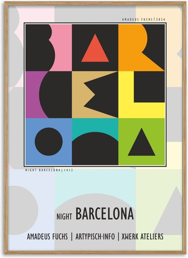 Night Barcelona - Term Signal by Amadeus Fuchs - the city name built from black geometric letters on a colour grid
