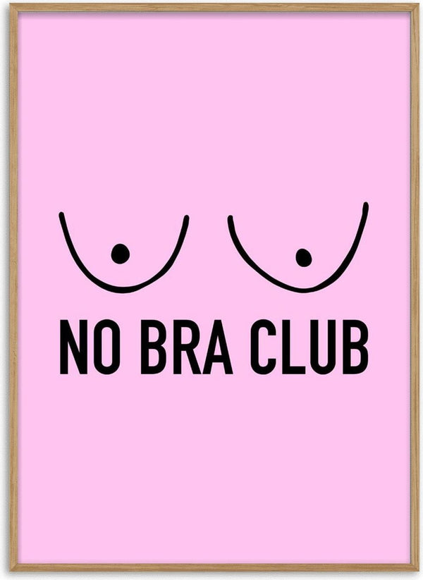 No Bra Club Pink poster by Lisen Vennesland with a minimal black line drawing on a bubblegum pink background