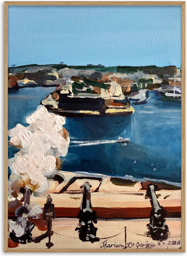 Noon Boom by Mariam De Giorgio — cannons on a sandstone bastion firing over a deep blue harbour in a cloud of white smoke