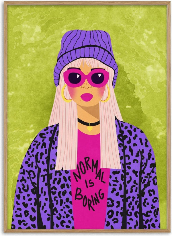 Illustration of a stylish woman in purple sunglasses and coat with "Normal is boring" shirt on green background.