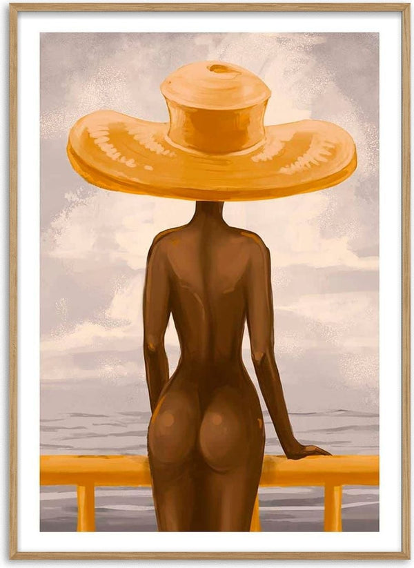 Painting of a nude figure in a wide hat facing the sea, inspired by Vincent V’s Nudes collection.