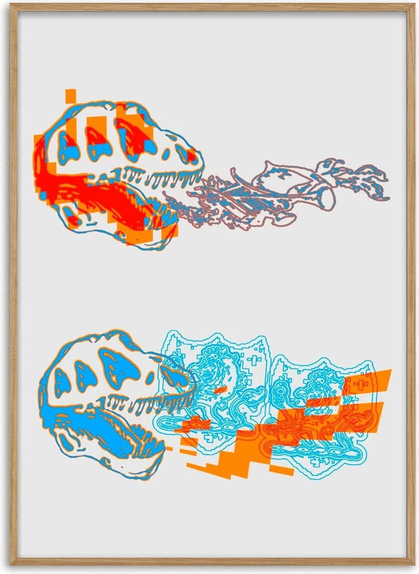 Obstract History by Francisco Gualter - dinosaur skull poster in blue and orange