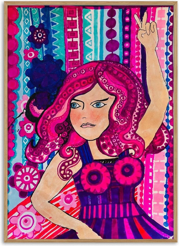Octopus dancing queen by ALEX - woman with magenta octopus tentacle hair making a peace sign against patterned stripes