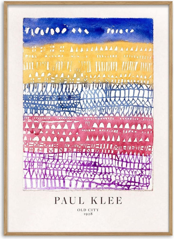 Abstract painting "Old City" by Paul Klee, colorful geometric patterns in horizontal bands, 1928.