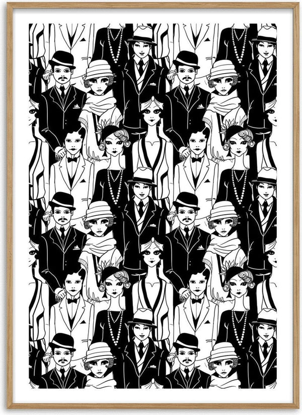 Black and white illustration of vintage-dressed men and women, featured on the Old School People Plakat product page.