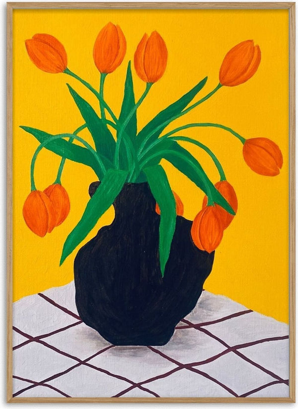 Orangea blomster i brun vas by Rebecka Hansson - orange tulips in a dark vase on a strong yellow ground