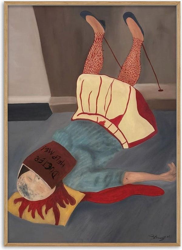 Overmeesterd door hypochondrie by Julian staal - a figure lying on a grey floor with DOCTER HELP ME! across the forehead