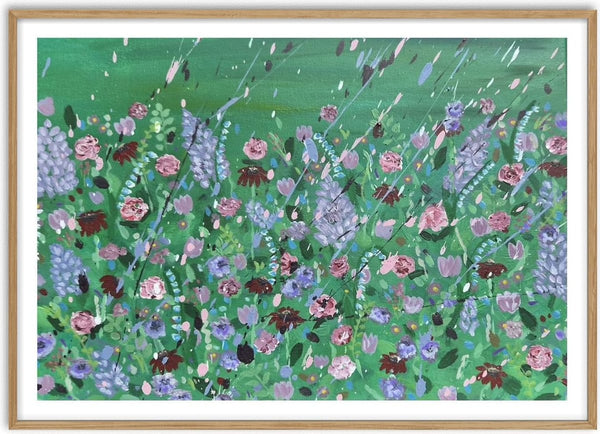 Paddy's Yard by Rebecca Wright - pink roses and lilac spires across a bright green field