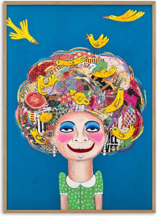 Pájaros en la cabeza by María Burgaz - a woman with collaged paper hair full of yellow birds