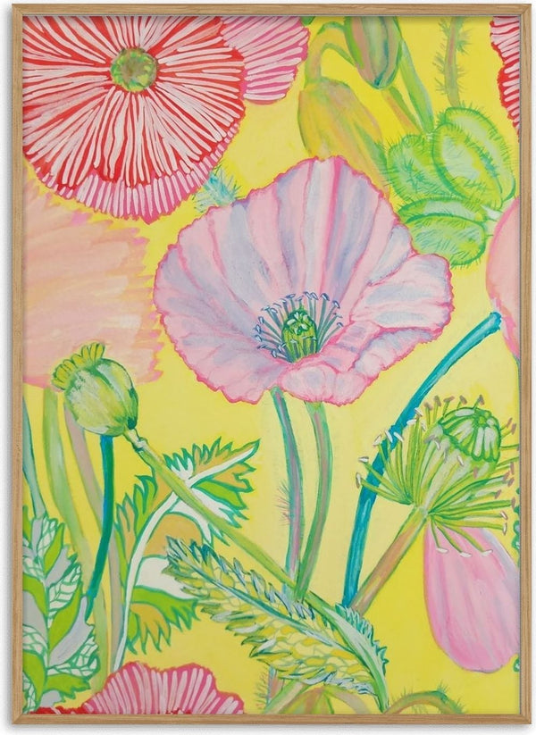 Papaveri viola by Maria Emanuela Fiori - pale pink and striped red poppies on a flat lemon yellow ground