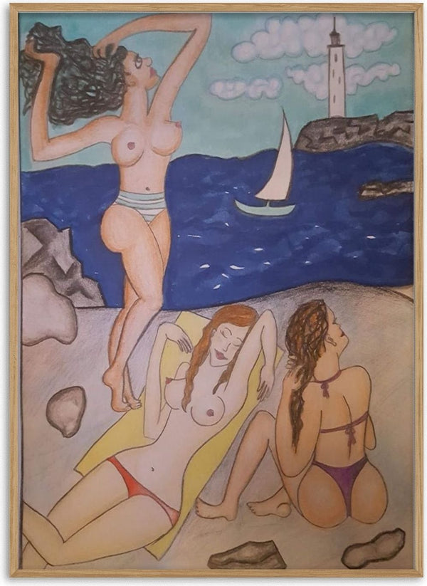 Paraphrasing by KaroGaiaArt - three women on a beach with a sailboat and a lighthouse behind them