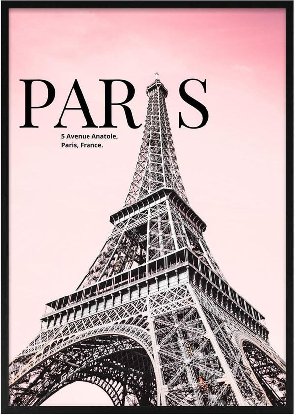 Artsy Eiffel Tower image with pink sky, bold "PARIS" text, and address for Paris Eiffel Tower.