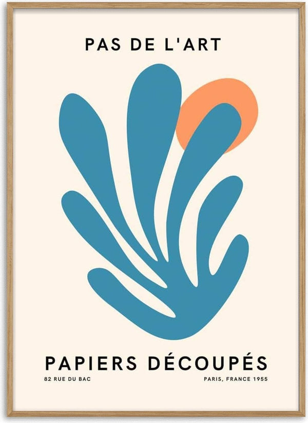 Abstract blue and orange art print with leaf-like shapes, text reading "Pas De L'art Papiers Découpés" on product page.