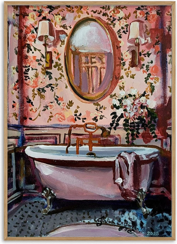 Pink chinoiserie bathroom by Mariam De Giorgio - pink claw-foot bathtub against rose wallpaper and an oval mirror