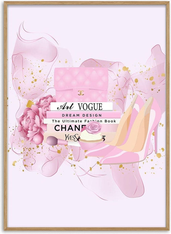 Pink purse, heels, flowers, and fashion books with gold accents on a stylish Pink Fashion product page background.