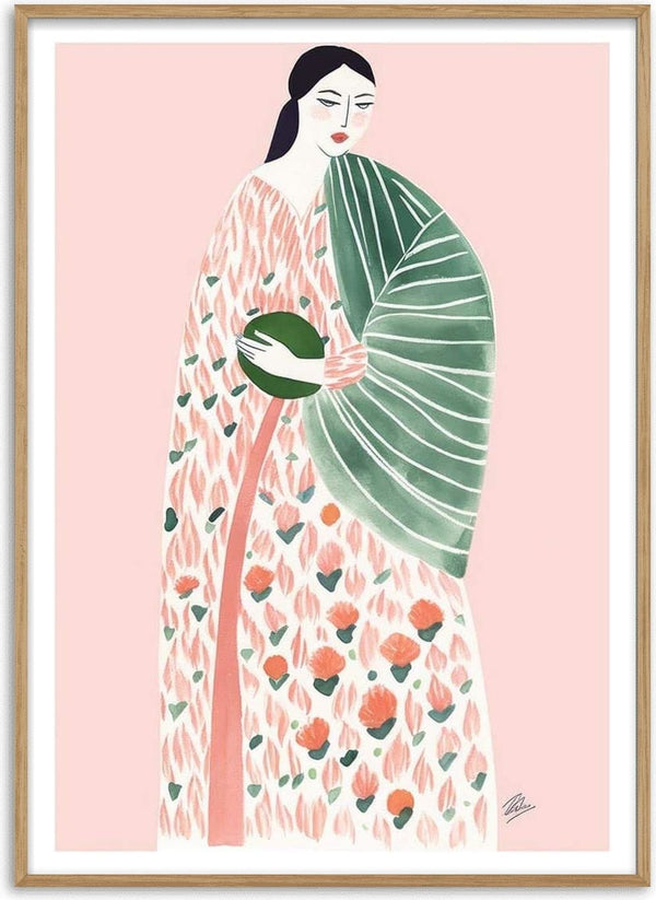 Illustration of a woman in a pink floral robe holding a green fan, artwork titled "Pink Geisha" by Martina Karlsson.