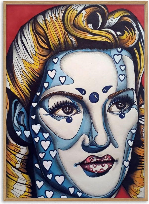 Pinup Girl by Okiana - a blue and cream face with white hearts against flat red
