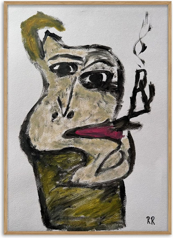 Pipan by RR - an olive and grey face smoking, with magenta lips on a bare white ground