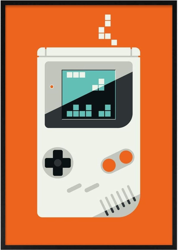 Playing games by Bo Lundberg - a cream handheld games console on bright orange