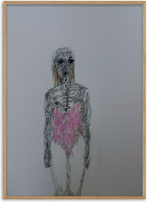 PoolROoms by Alice Ruja — a gaunt charcoal figure with pale orange-streaked hair and a bright pink swimsuit patch on bare grey paper.