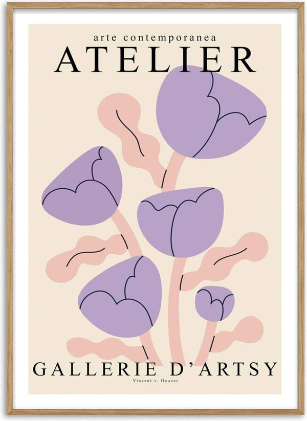 Abstract illustration of purple flowers with text "ATELIER GALLERIE D'ARTSY" on the Purple Puppies - Vincent V Plakat.