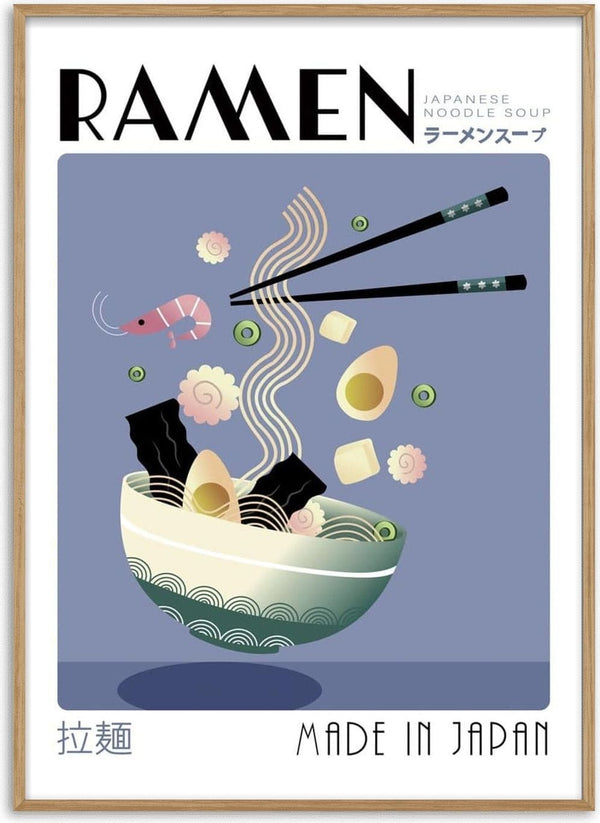 Illustration of a ramen bowl with noodles, chopsticks, shrimp, eggs, and toppings; text reads "RAMEN Made in Japan."