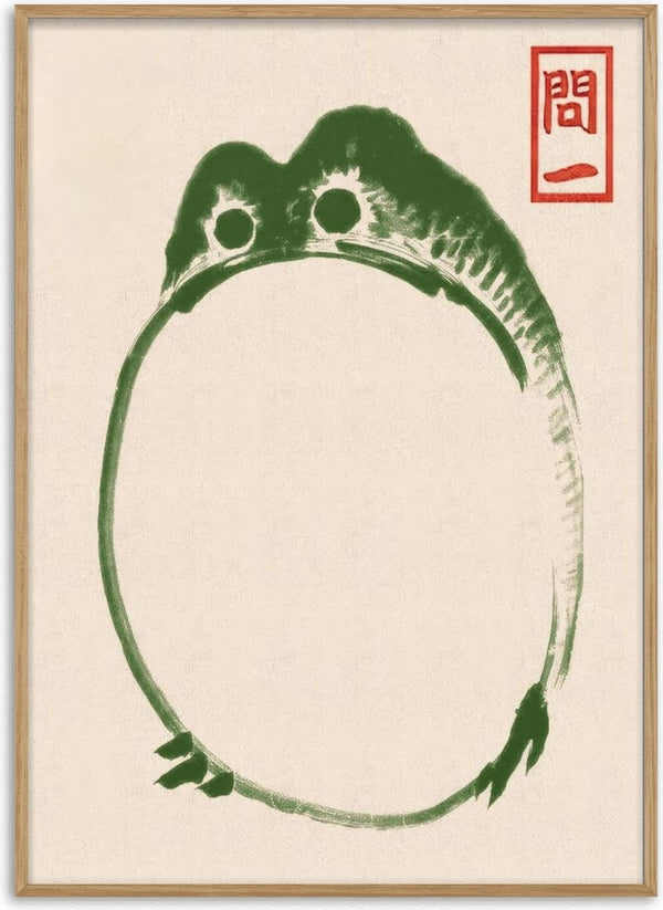 Minimalist green ink drawing of a grumpy toad by Matsumoto Hoji, open circular body with stamp on top right.