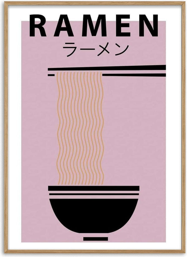 Minimalist poster of ramen noodles falling into a bowl with "RAMEN" and Japanese text above on a pink background.