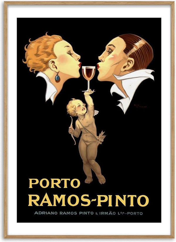 Vintage Ramos-Pinto poster with two people facing a glass of wine and a cherub holding it below.