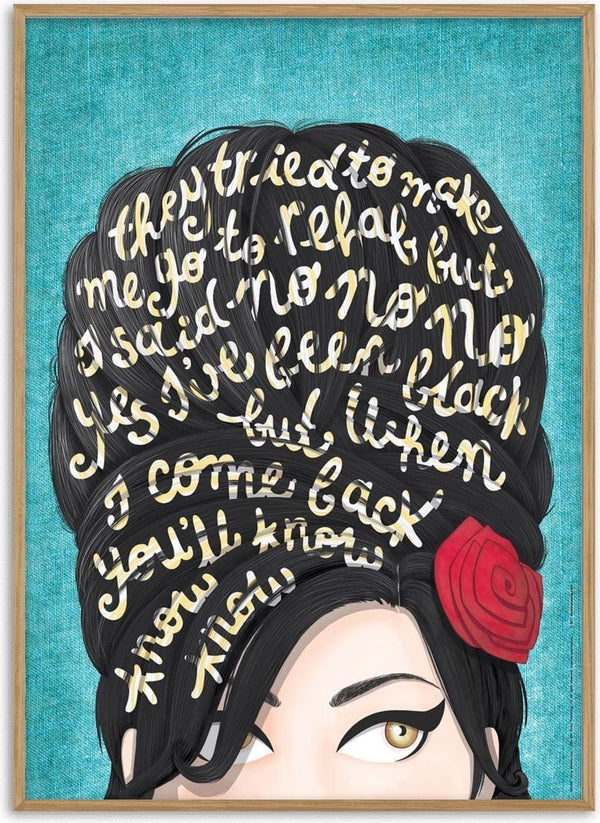 Illustration of a woman's face with song lyrics in her hair, shown on the Rehab - Nour Tohme product page.