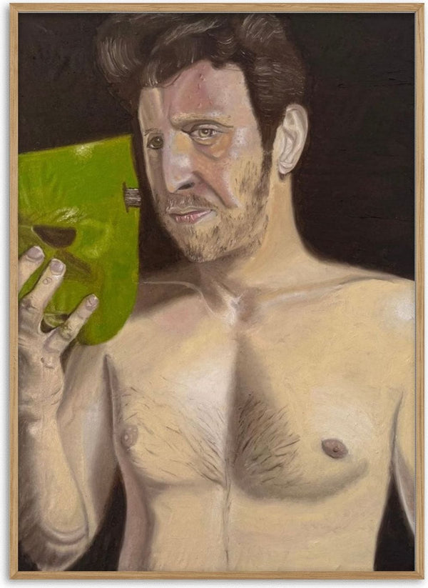 Rest without filters by Enrico - a man holding a bright green mask away from his face against black