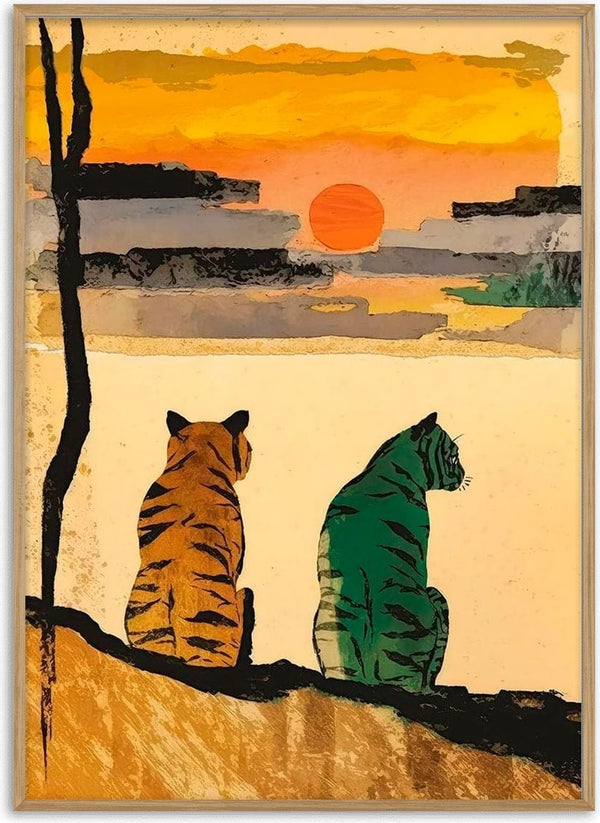 Two tigers rest side by side, gazing at a vibrant sunset over distant hills.
