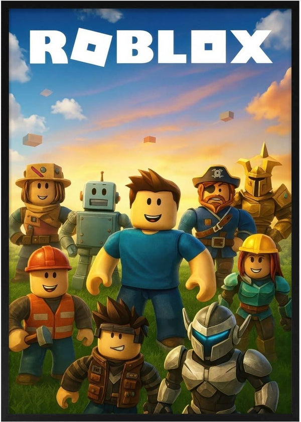 Colorful Roblox characters standing together on grass with "ROBLOX" logo, featured on a children's poster.