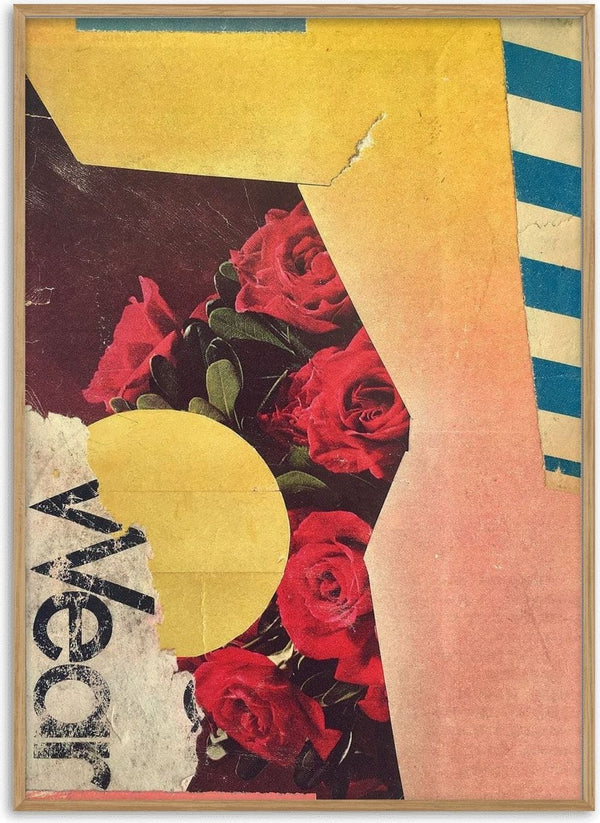 Roses by Kareem Rizk - a dark photograph of red roses under yellow shapes with a peach-to-pink panel